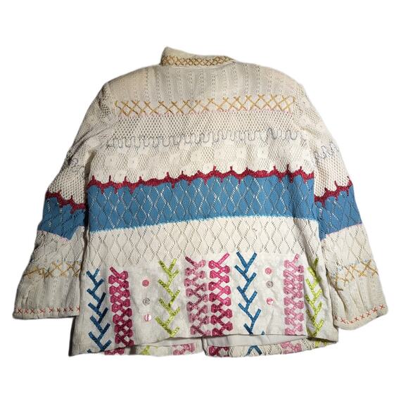 Vtg 1990s BFA Ivory Blue Crochet Patchwork Embroidered Button Up Jacket Sz M - Picture 2 of 3